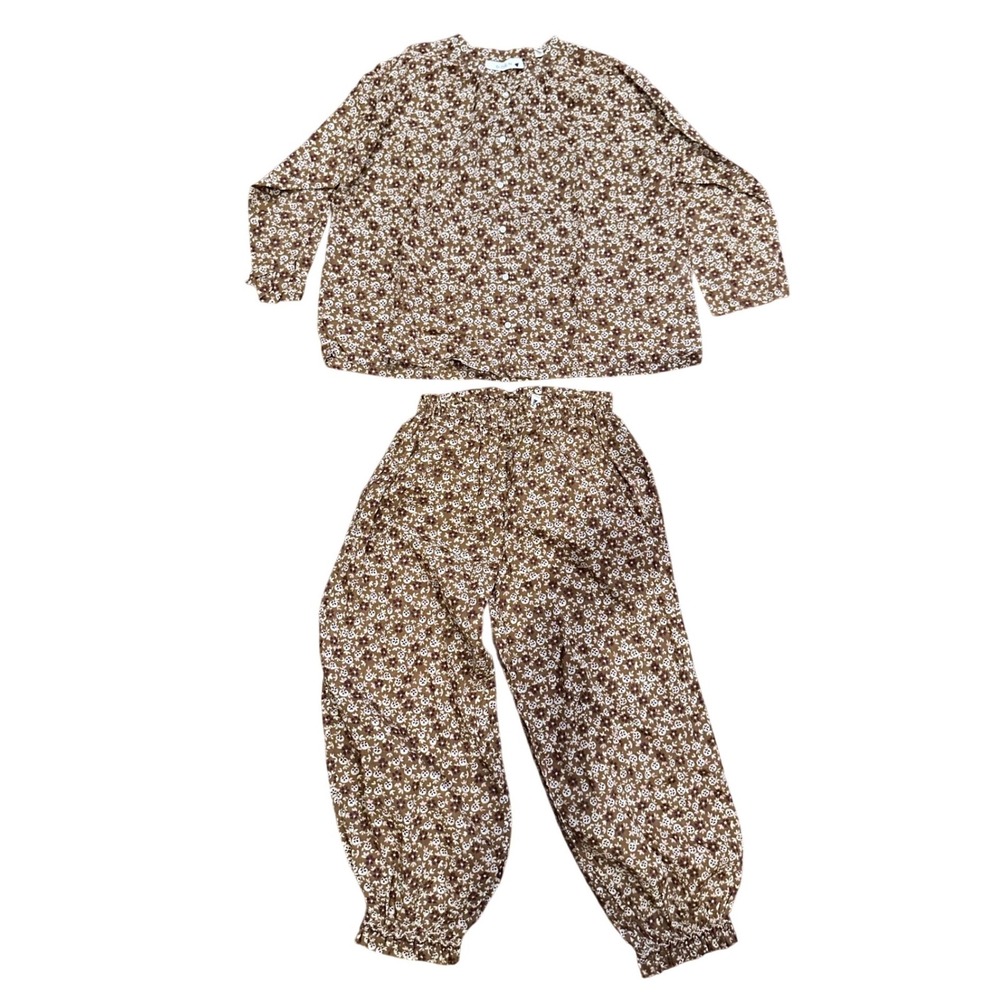 DOEN Kids Brown Floral Organic Cotton Two Piece Set Top and Pants Size 8 playset
